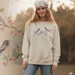 Y2K Vintage ROBINS🐦ON FLOWERS COTTAGECORE Soft YELLOW Sweatshirt COTTON Size M